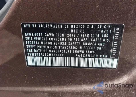 2012 Volkswagen Jetta 2.0L S из США, поврежденный, VIN 3VW2K7AJ6CM336060